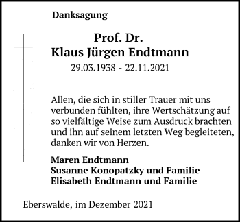 Traueranzeige von Klaus Jürgen Endtmann von Märkische Oderzeitung