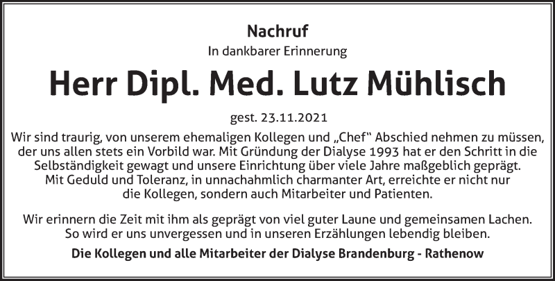  Traueranzeige für Lutz Mühlisch vom 12.12.2021 aus Märkische Oderzeitung