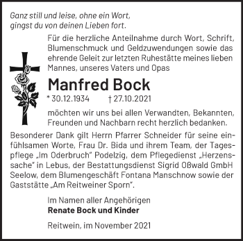 Traueranzeige von Manfred Bock von Märkische Oderzeitung