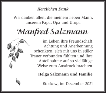 Traueranzeige von Manfred Salzmann von Märkische Oderzeitung