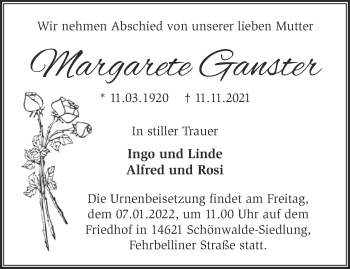 Traueranzeige von Margarete Ganster von Märkische Oderzeitung