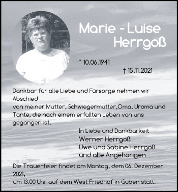 Traueranzeige von Marie-Luise Herrgoß von Märkische Oderzeitung
