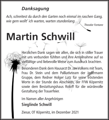 Traueranzeige von Martin Schwill von Märkische Oderzeitung