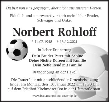 Traueranzeige von Norbert Rohloff von Märkische Oderzeitung