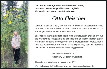 Traueranzeige von Otto Fleischer von Märkische Oderzeitung