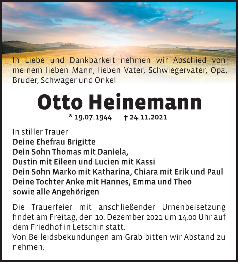  Traueranzeige für Otto Heinemann vom 04.12.2021 aus Märkische Oderzeitung