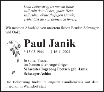 Traueranzeige von Paul Jannik von Märkische Oderzeitung