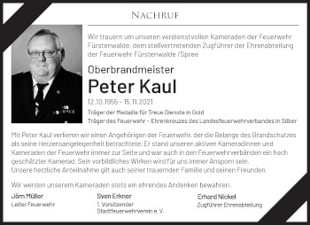 Traueranzeige von Peter Kaul von Märkische Oderzeitung