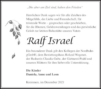 Traueranzeige von Ralf Israel von Märkische Oderzeitung