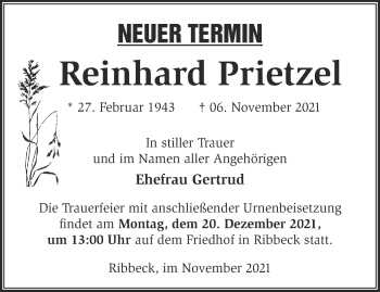 Traueranzeige von Reinhard Prietzel von Märkische Oderzeitung