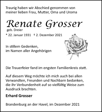 Traueranzeige von Renate Grosser von Märkische Oderzeitung