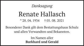 Traueranzeige von Renate Hallasch von Märkische Oderzeitung