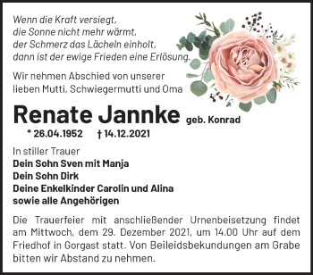 Traueranzeige von Renate Jannke von Märkische Oderzeitung