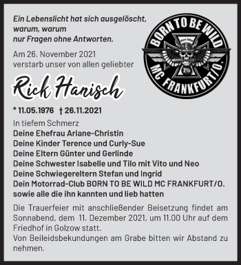 Traueranzeige von Rick Hanisch von Märkische Oderzeitung