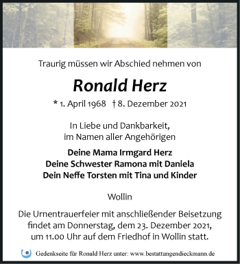 Traueranzeige von Ronald Herz von Märkische Oderzeitung