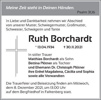 Traueranzeige von Ruth Borchardt von Märkische Oderzeitung