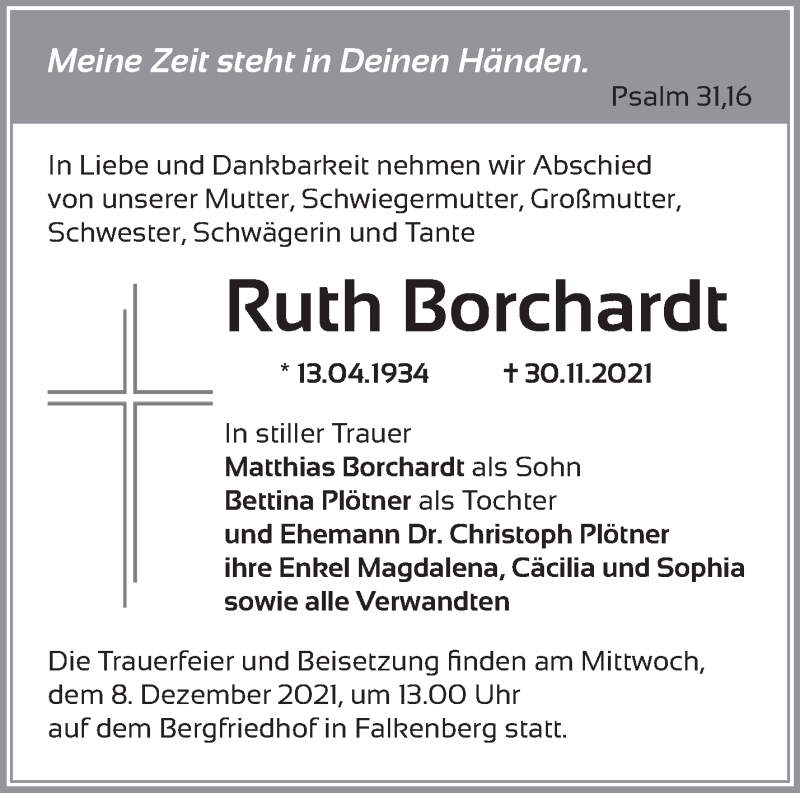  Traueranzeige für Ruth Borchardt vom 04.12.2021 aus Märkische Oderzeitung