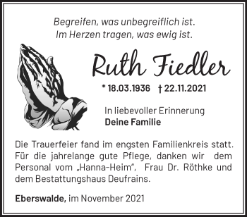 Traueranzeige von Ruth Fiedler von Märkische Oderzeitung