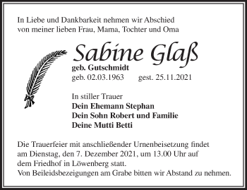 Traueranzeige von Sabine Glaß von Märkische Oderzeitung