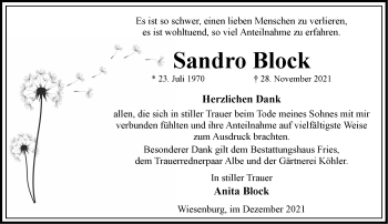 Traueranzeige von Sandro Block von Märkische Oderzeitung