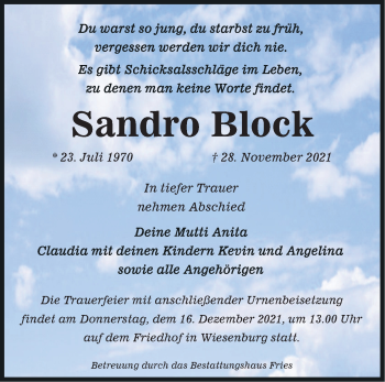 Traueranzeige von Sandro Block von Märkische Oderzeitung