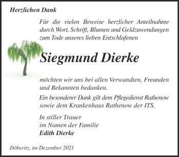 Traueranzeige von Siegmund Dierke von Märkische Oderzeitung