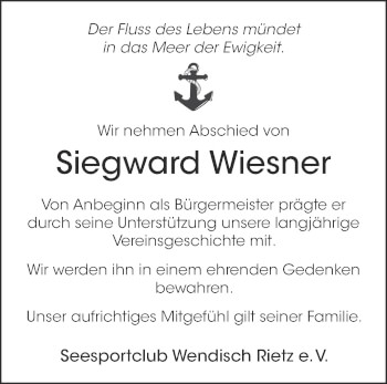 Traueranzeige von Siegward Wiesner von Märkische Oderzeitung