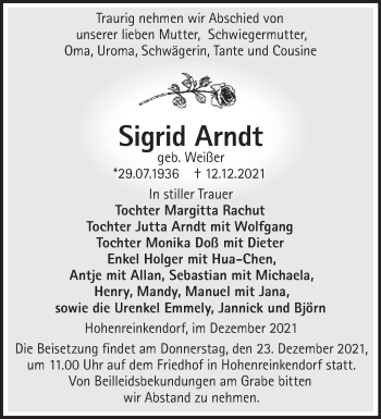 Traueranzeige von Sigrid Arndt von Märkische Oderzeitung