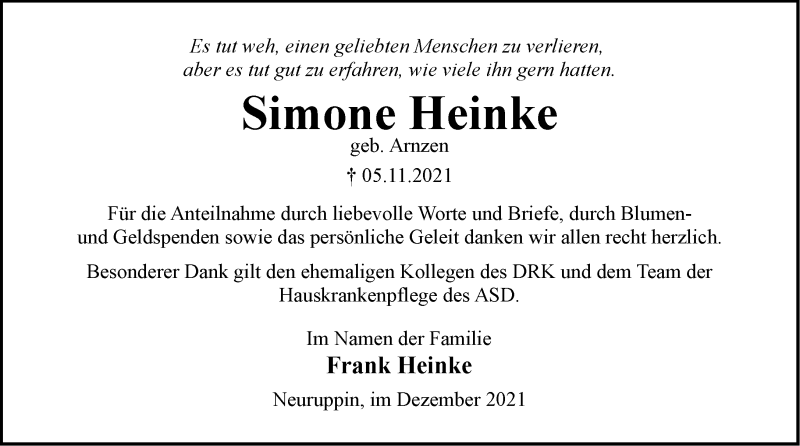  Traueranzeige für Simone Heinke vom 04.12.2021 aus Märkische Oderzeitung