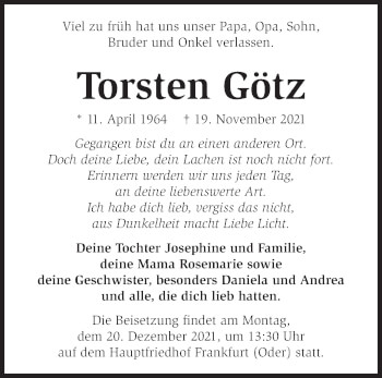 Traueranzeige von Torsten Götz von Märkische Oderzeitung