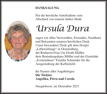 Traueranzeige von Ursula Dura von Märkische Oderzeitung