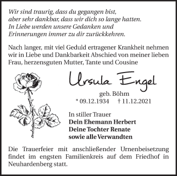 Traueranzeige von Ursula Engel von Märkische Oderzeitung