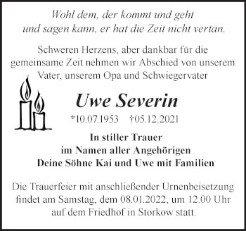 Traueranzeige von Uwe Severin von Märkische Oderzeitung