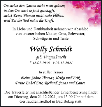 Traueranzeige von Wally Schmidt von Märkische Oderzeitung