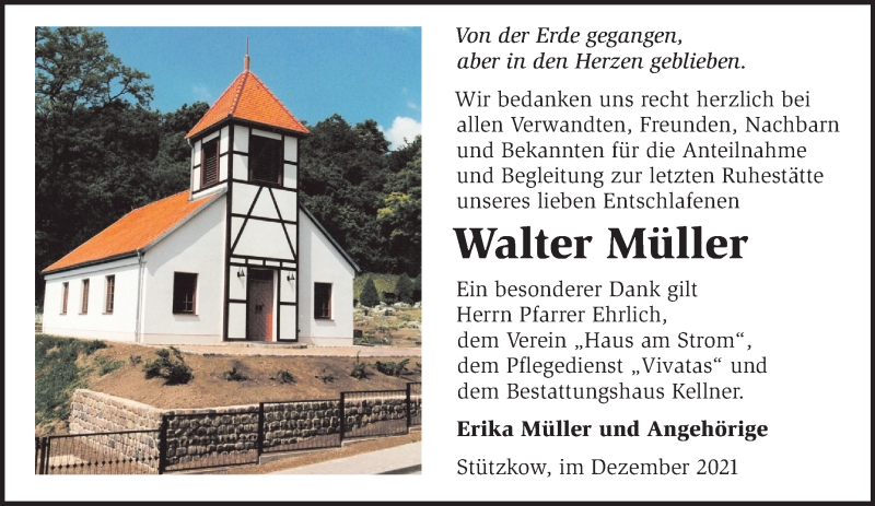  Traueranzeige für Walter Müller vom 18.12.2021 aus Märkische Oderzeitung