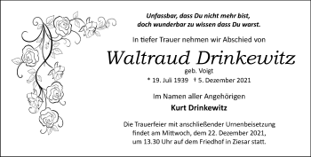 Traueranzeige von Waltraud Drinkewitz von Märkische Oderzeitung