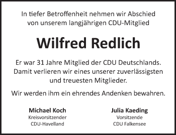 Traueranzeige von Wilfred Redlich von Märkische Oderzeitung