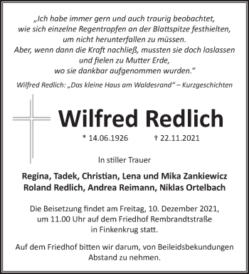 Traueranzeige von Wilfred Redlich von Märkische Oderzeitung