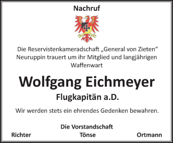 Traueranzeige von Wolfgang Eichmeyer von Märkische Oderzeitung