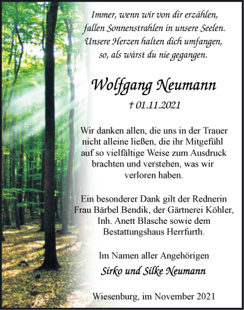 Traueranzeige von Wolfgang Neumann von Märkische Oderzeitung