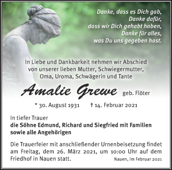 Traueranzeige von Amalie Grewe von Märkische Oderzeitung