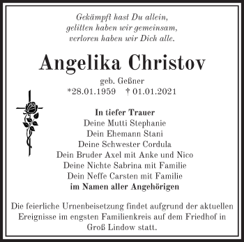 Traueranzeige von Angelika Christov von Märkische Oderzeitung