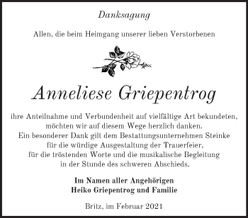 Traueranzeige von Anneliese Griepentrog von Märkische Oderzeitung