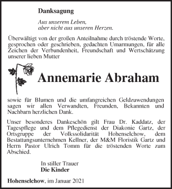 Traueranzeige von Annemarie Abraham von Märkische Oderzeitung