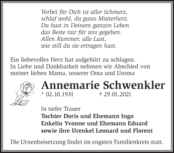 Traueranzeige von Annemarie Schwenkler von Märkische Oderzeitung