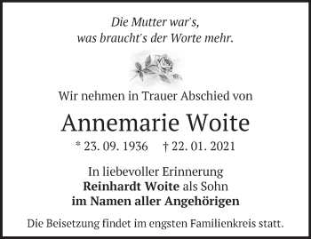 Traueranzeige von Annemarie Woite von Märkische Oderzeitung