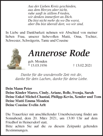 Traueranzeige von Annerose Rode von Märkische Oderzeitung