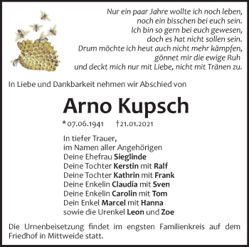 Traueranzeige von Arno Kupsch von Märkische Oderzeitung