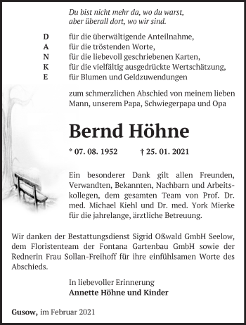 Traueranzeige von Bernd Höhne von Märkische Oderzeitung