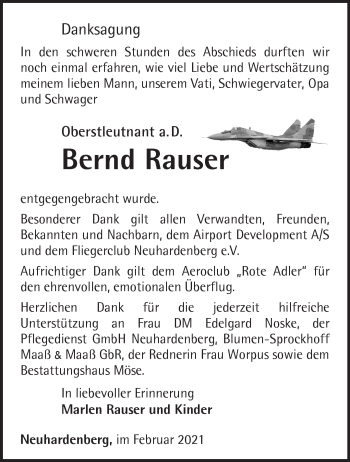 Traueranzeige von Bernd Rauser von Märkische Oderzeitung